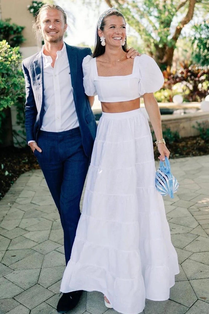 Genevieve | A Line Two Piece Square Neck Satin Long Wedding Dresses