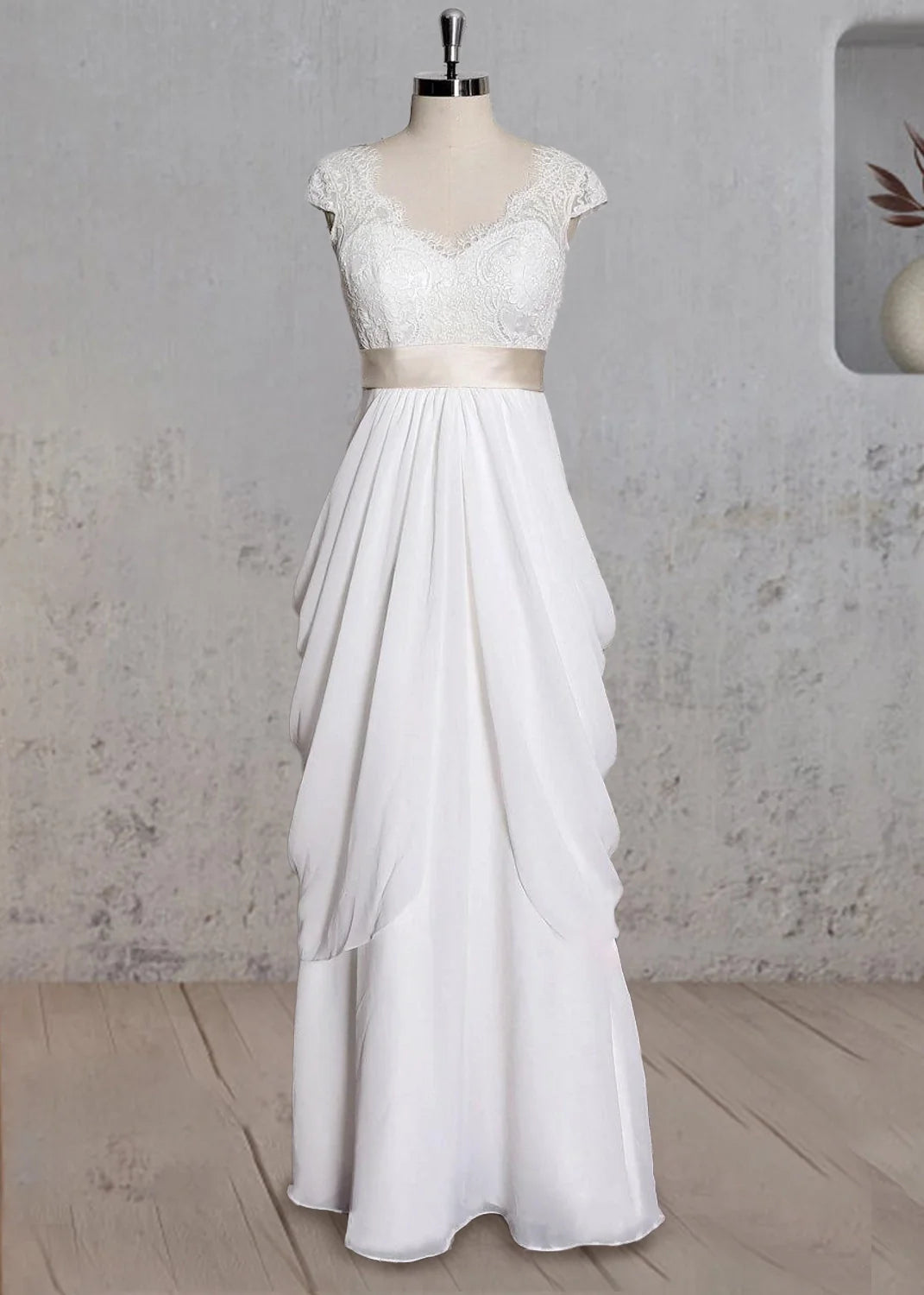 Special Design Lace Cap Sleeve Chiffon Skirt With Champagne Sash