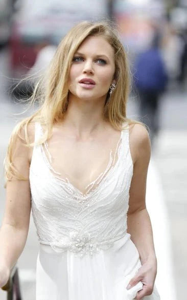 Chiffon Lace Weddig Dress With Beading Sequins Flower