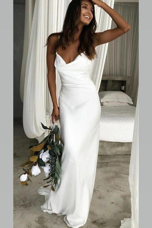 Mermaid Satin White Sweep Train Spaghetti Straps Wedding Dress