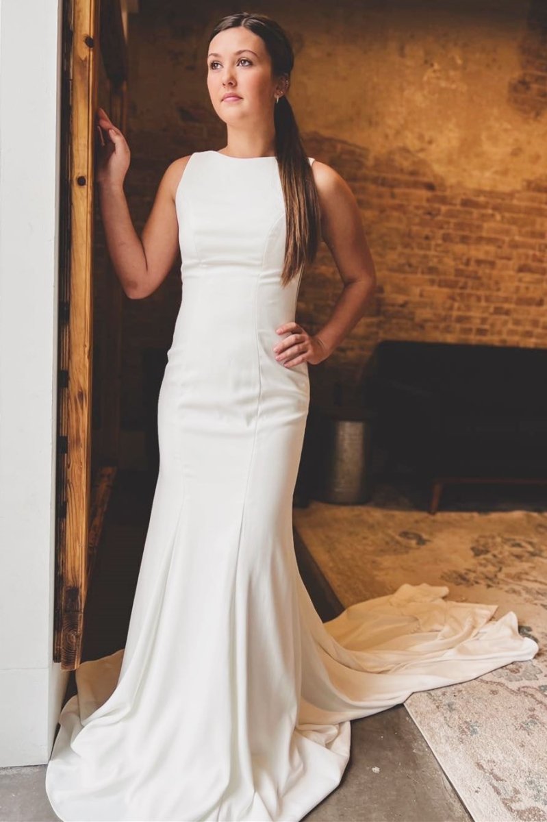 White Satin Bateau Open Back Mermaid Long Wedding Dress