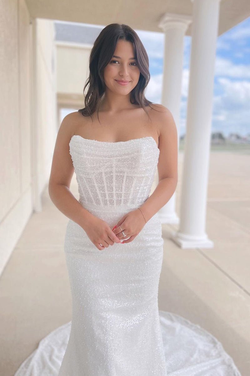 Cressida | Sparkly White Sequins Mermaid Strapless Wedding Dresses