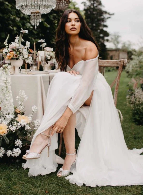 A-Line Off-The-Shoulder Long Sleeves Wedding Dresses With Chiffon Slit