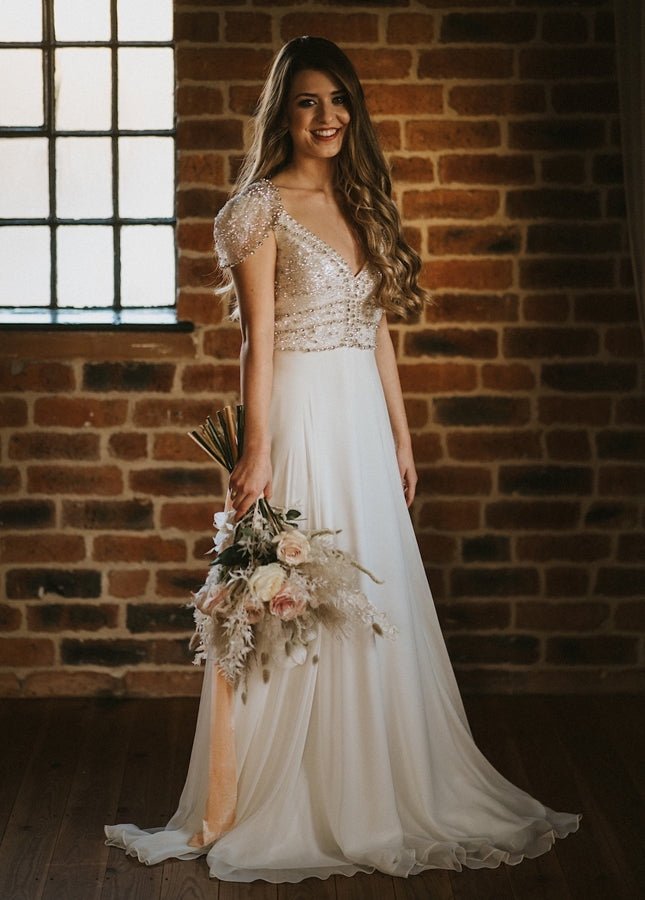 A Line Short Sleeves V Neck Wedding Dresses