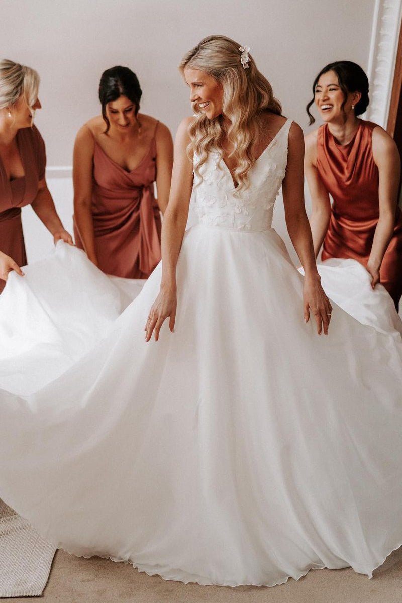 Zuri | Elegant A-Line V Neck White Chiffon Wedding Dress with Appliques