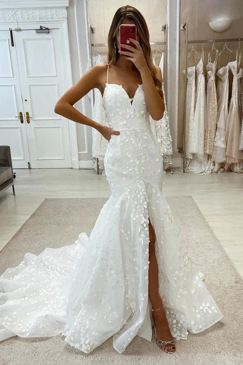 Allover Lace Wedding Dress Spaghetti Straps Mermaid Bridal Gown