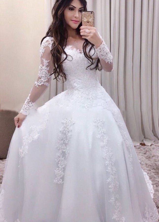 Appliques Lace Long Sleeves A-Line Sweetheart Wedding Dresses