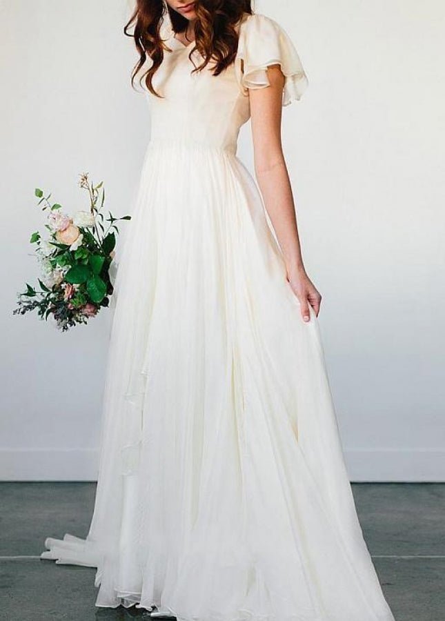 Beach Chiffon A-Line Simple White Wedding Dress with Short Sleeves