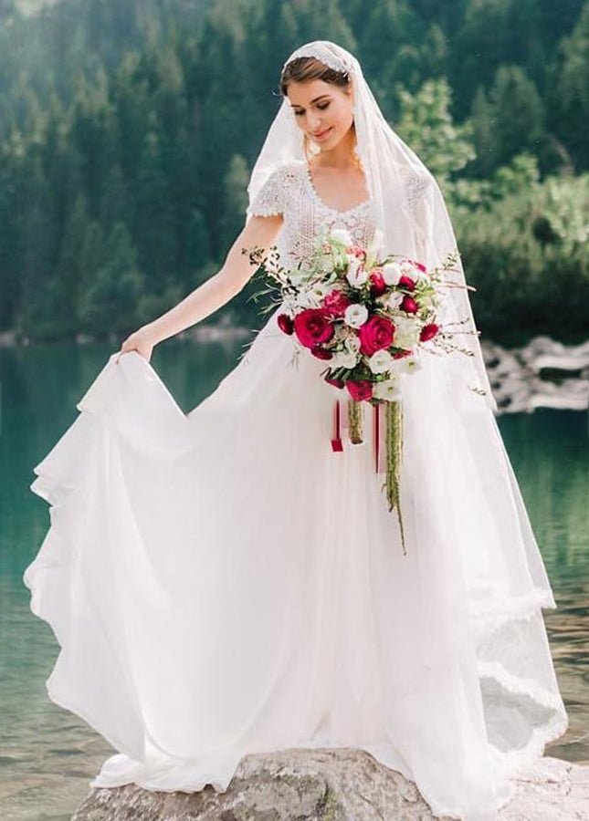 Bohemian Wedding Dresses Lace Short Sleeve Chiffon Bridal Gowns