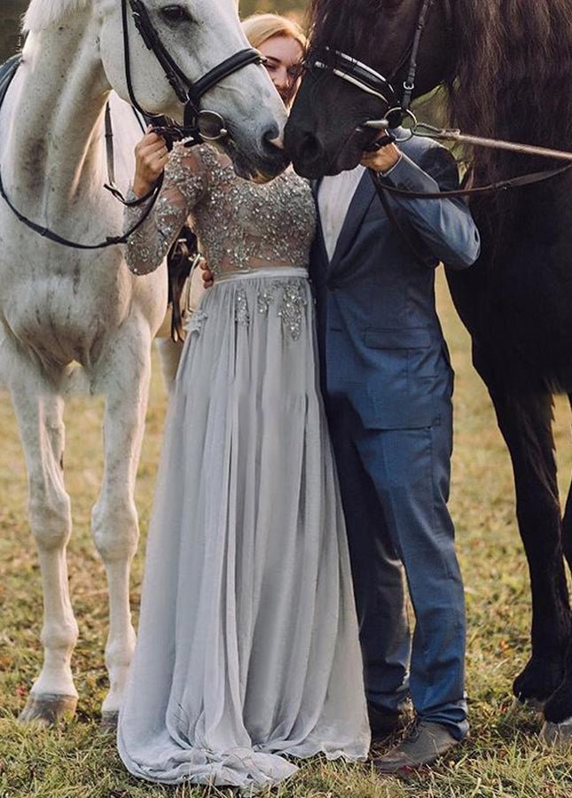 Bohemian Long Sleeve Appliqued Beading Tulle Backless Wedding Bridal Gowns