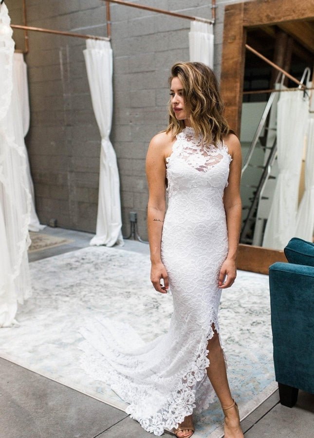 Boho Style Chic Mermaid Sleeveless Lace Appliques Wedding Dress