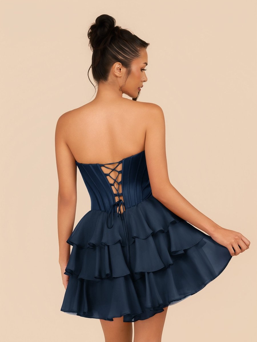 Elarae | Navy Blue - Strapless A Line Ruffles Homecoming Dress With Beading