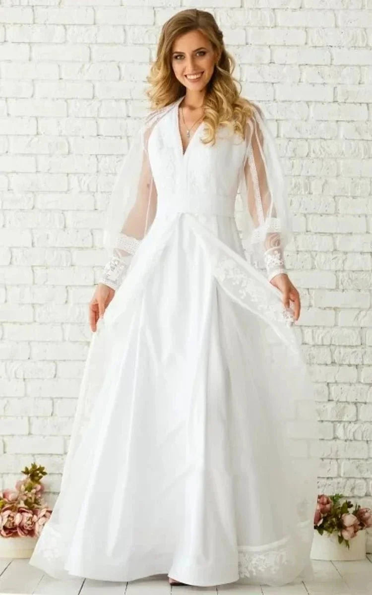 Elegant Floor-length Long Sleeve Chiffon A Line Zipper Wedding Dress with Ruching