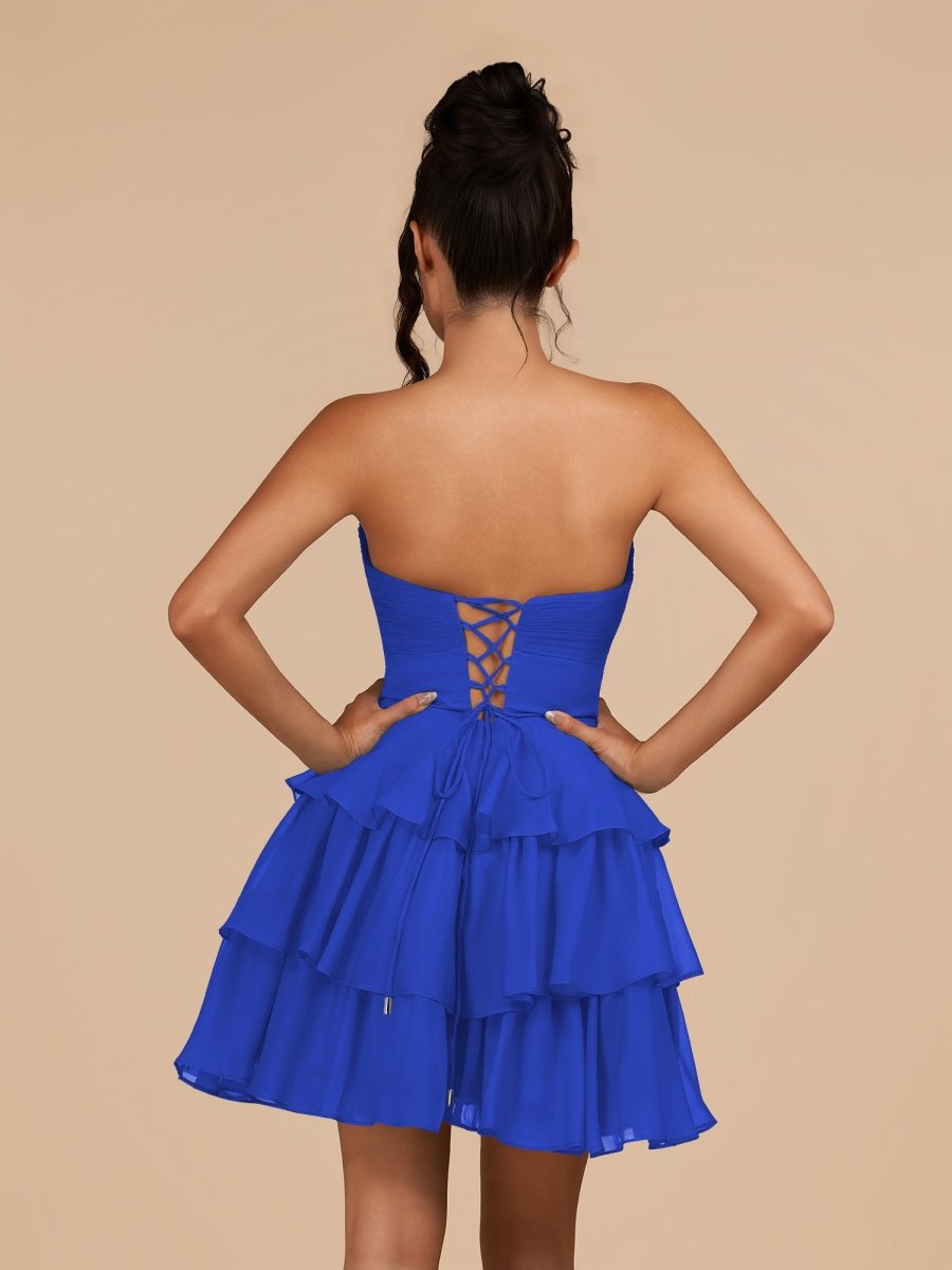 Fenara | Royal Blue - Strapless A Line Chiffon Ruffles Homecoming Dresses With Flower