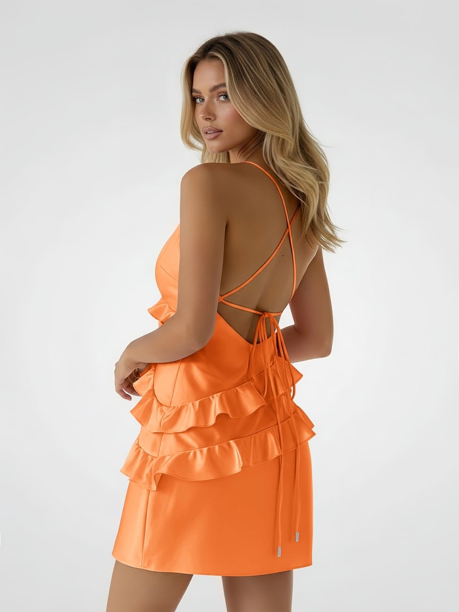 Gessa | Orange - Sheath V Neck Satin Homecoming Dresses with Ruffles