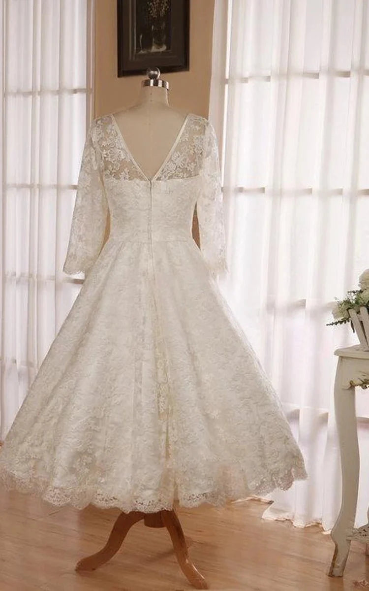 Low V Back Tea Length Lace Wedding Dress