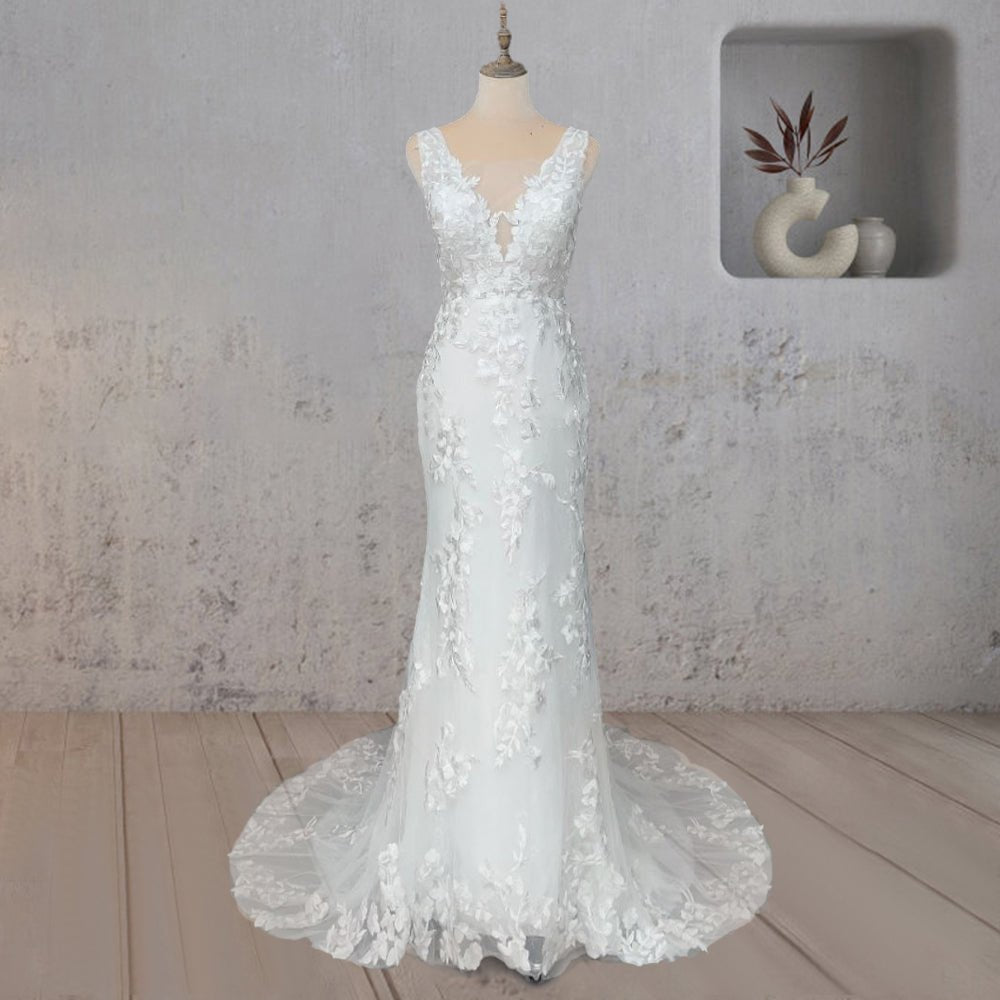 Mermaid Lace Illusion V Neck Sleeveless Backless Wedding Dress