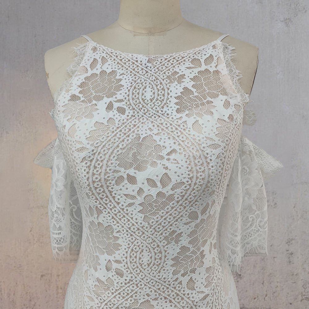 Mermaid White Halter Neck Lace Wedding Dress