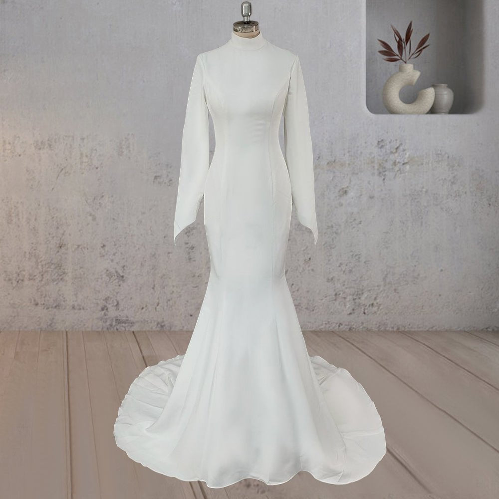 Mermaid White Open Back High Neck Wedding Dress