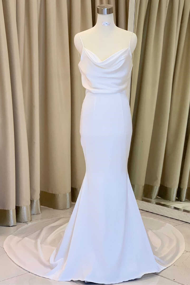 Mermaid Cowl Neck White Satin Long Wedding Dress