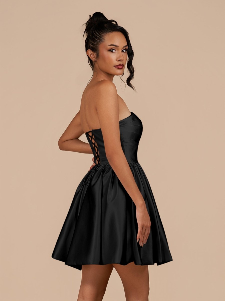 Perenna | Black - A Line Satin Square Neck Puffed Sleeves Short Homecoming Dresses