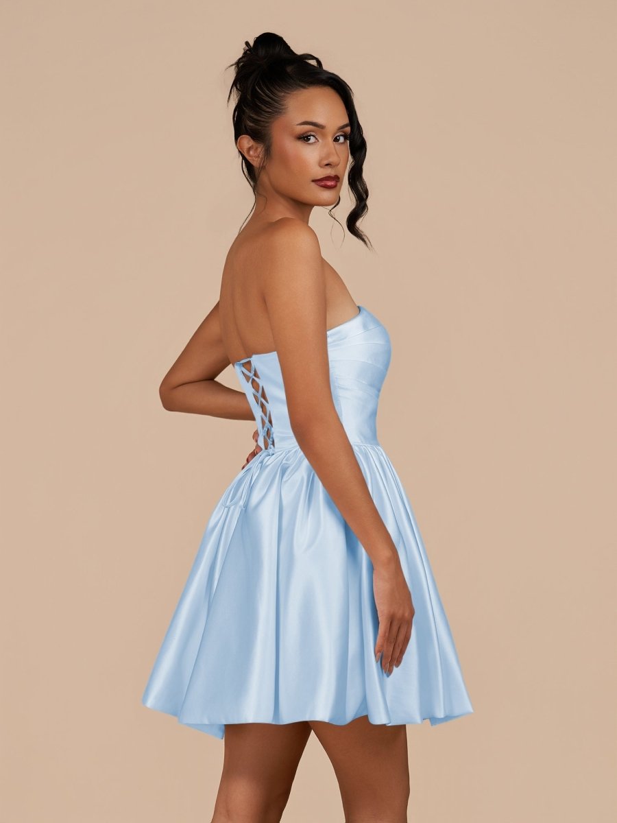 Perenna | Sky Blue - A Line Satin Square Neck Puffed Sleeves Short Homecoming Dresses