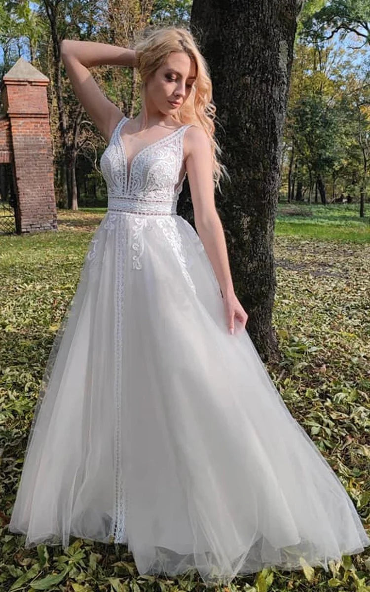 Romantic Sleeveless A-Line Lace Wedding Dress With V-neck And Low-V Back