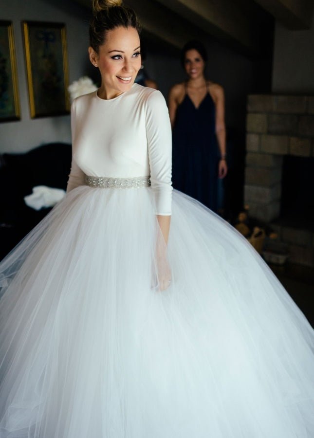 Spandex 3/4 Sleeves Covered-Button Wedding Dresses with Rhinestones Belt