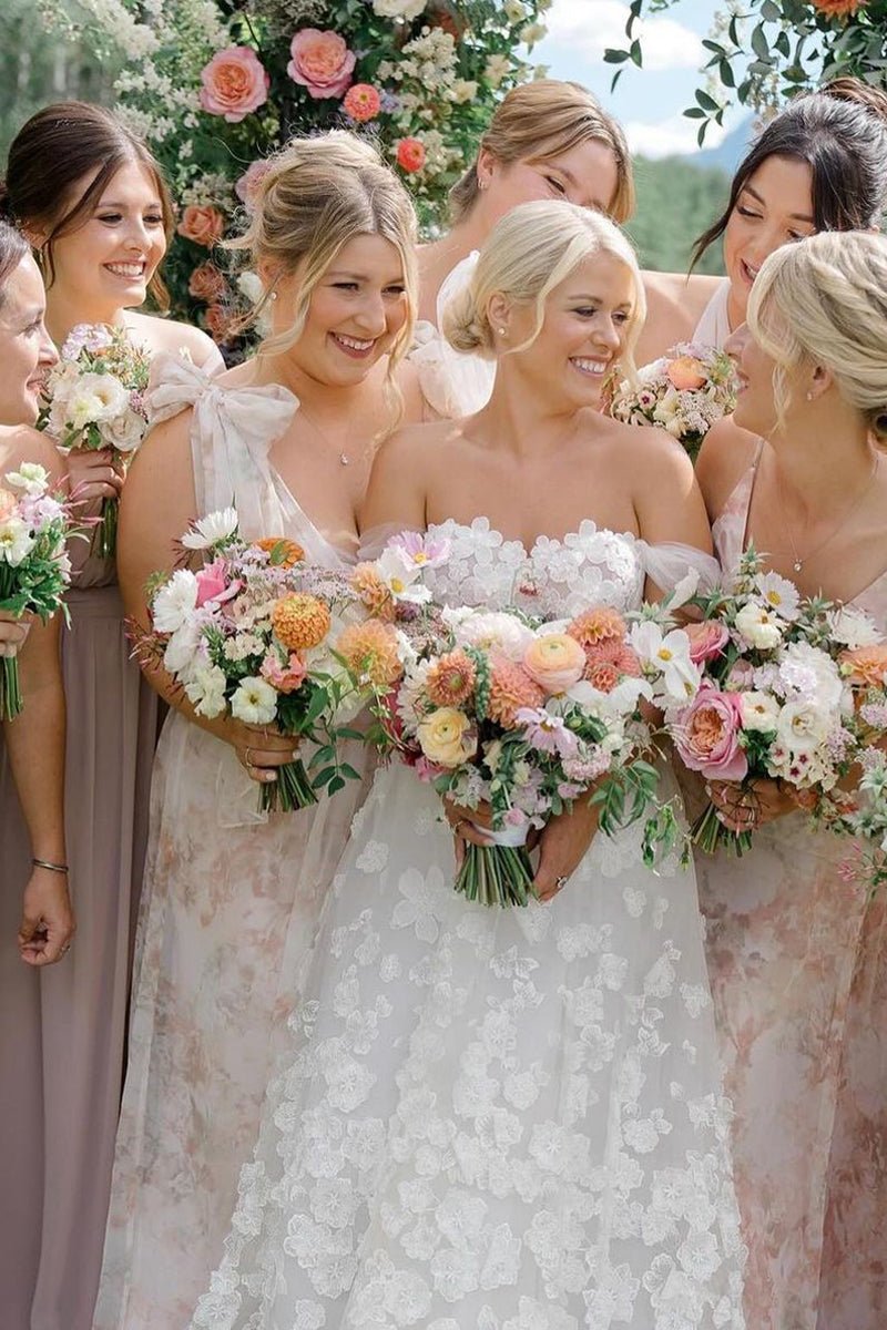 Attractive A-Line Off the Shoulder Tulle Wedding Dresses