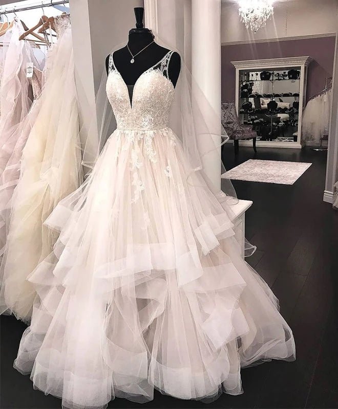 Ball Gown V Neck Tulle Lace Wedding Dresses