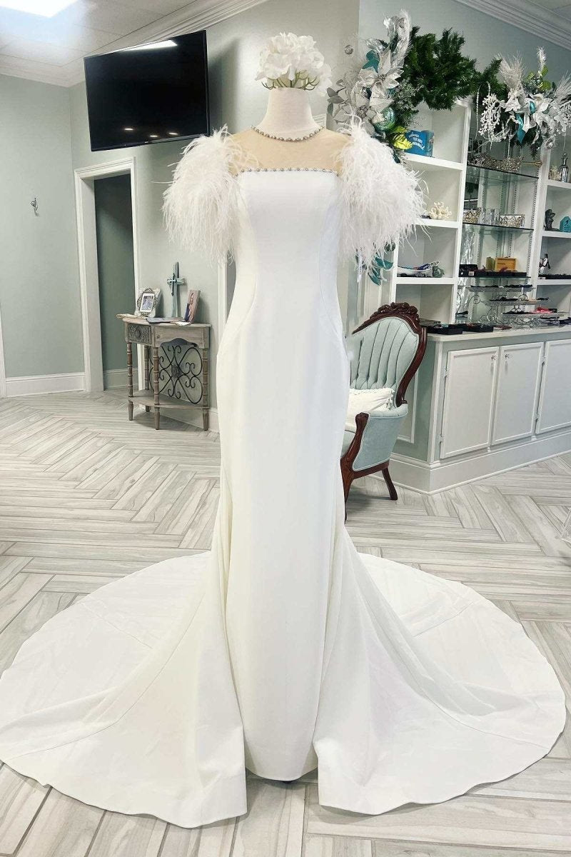 White Feather Illusion Neck Mermaid Long Wedding Dress