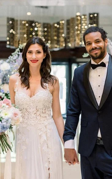 Spaghetti A-Line Lace Bohemian Wedding Dress With Open Back And Split Front