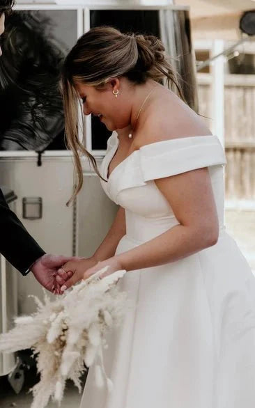 Romantic Off-the-shoulder A-Line Satin Wedding Dress With Button Back