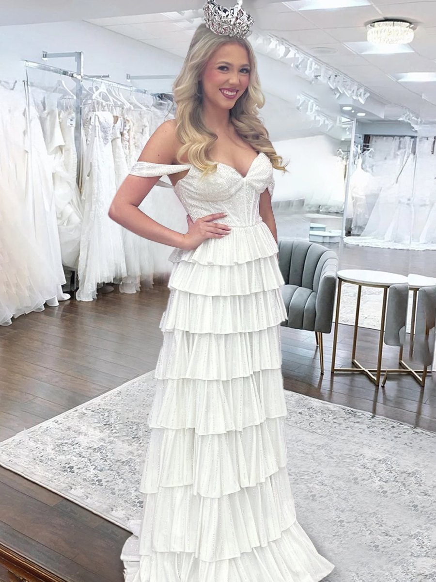 Verve | A Line V Neck Satin Tiered Long Prom Dresses With Beads