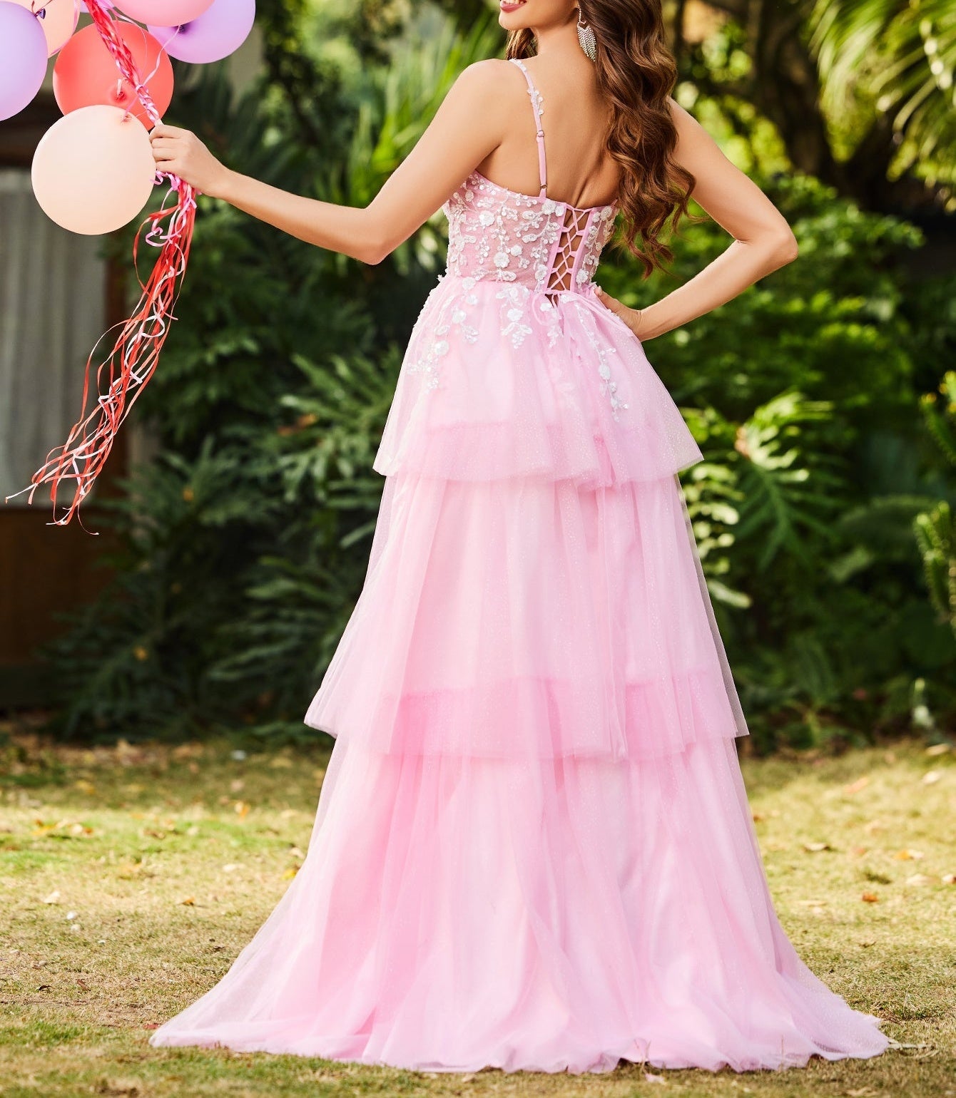 3D Floral Embroidery Illusion Bandage Ruffle Prom Dress - Pink