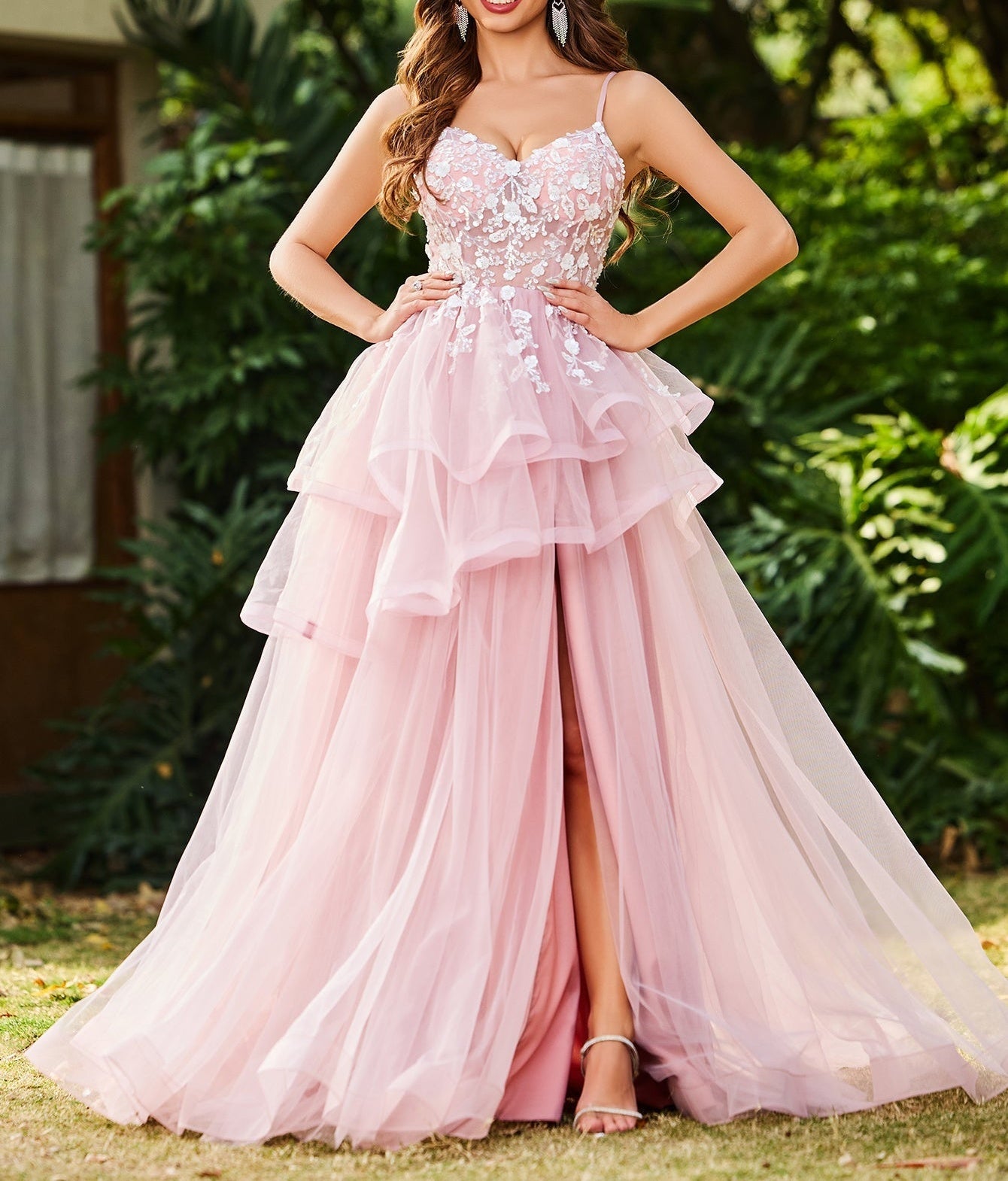 3D Embroidery Asymmetrical Tiered Ball Gown Prom Dress - Pink