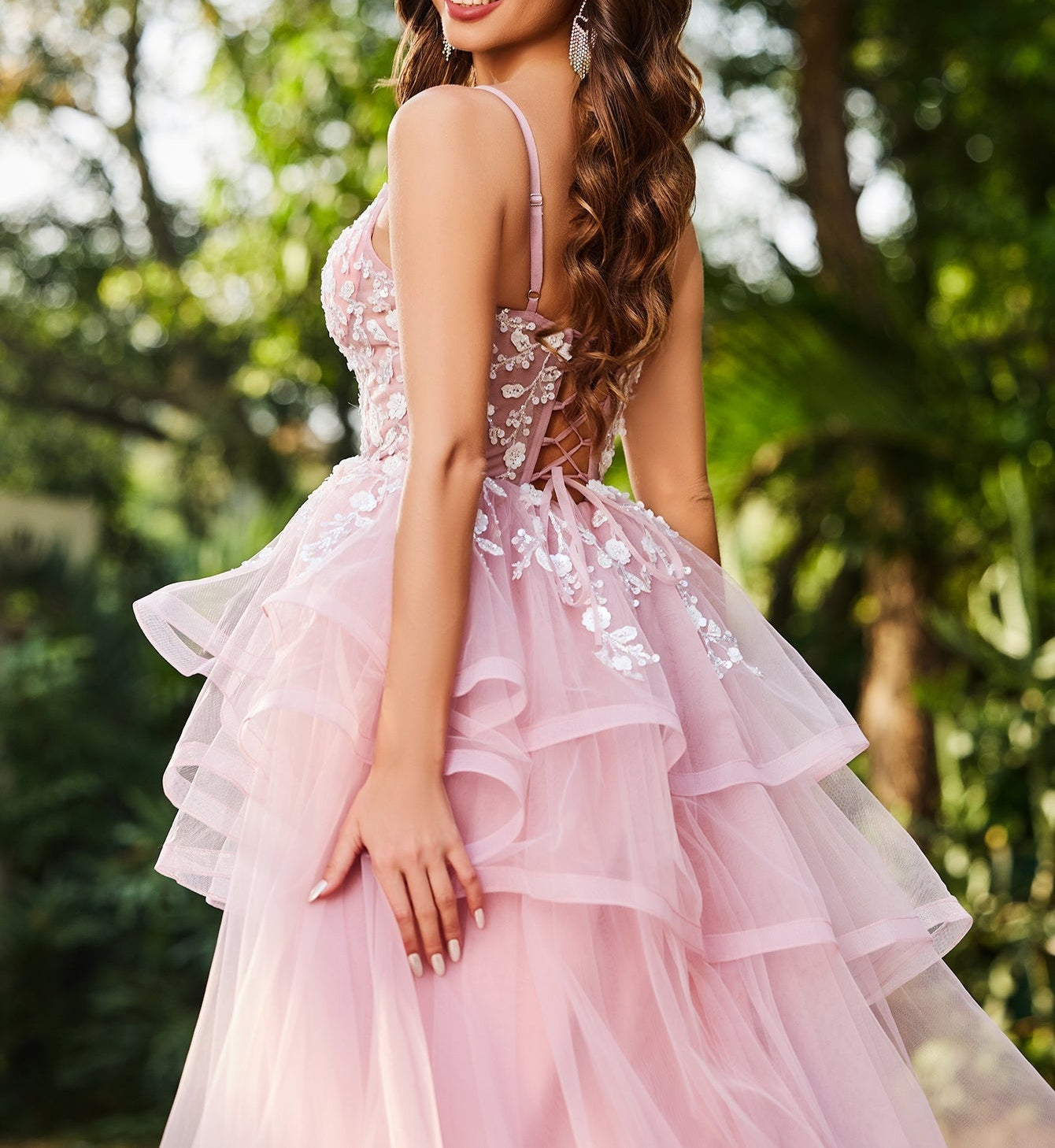 3D Embroidery Asymmetrical Tiered Ball Gown Prom Dress - Pink