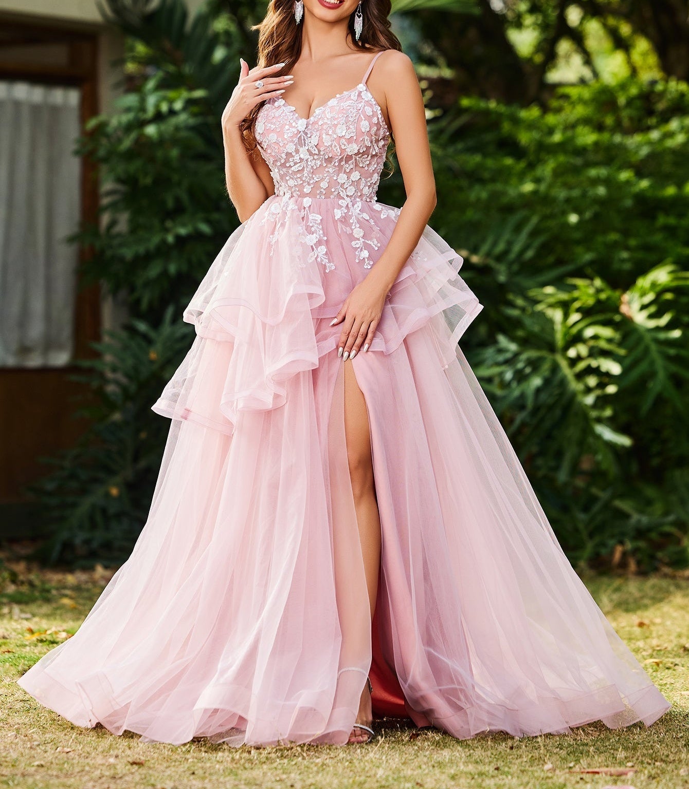 3D Embroidery Asymmetrical Tiered Ball Gown Prom Dress - Pink