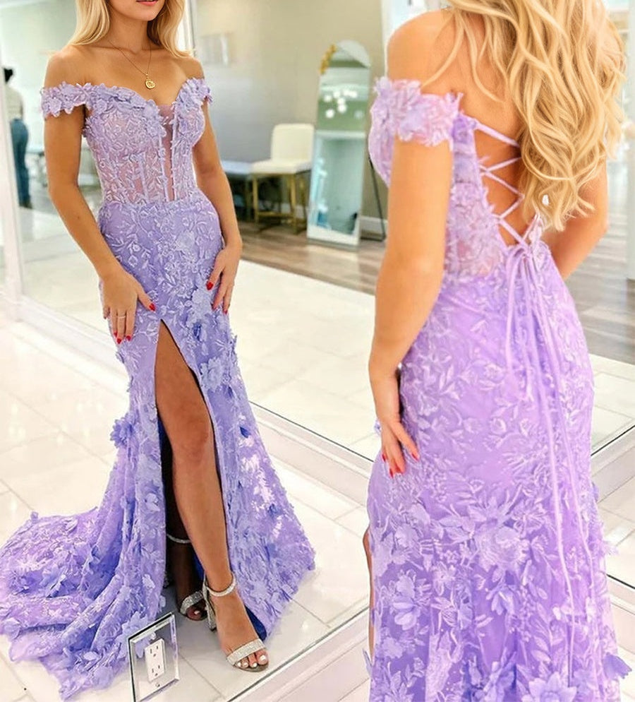 3D Floral Lace Off the Shoulder Corset Long Prom Dress with Slit