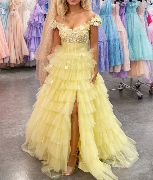 3D Floral Lace Off-the-Shoulder Ruffle Tiered Prom Dress