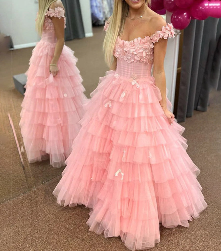3D Floral Lace Off-the-Shoulder Ruffle Tiered Prom Dress