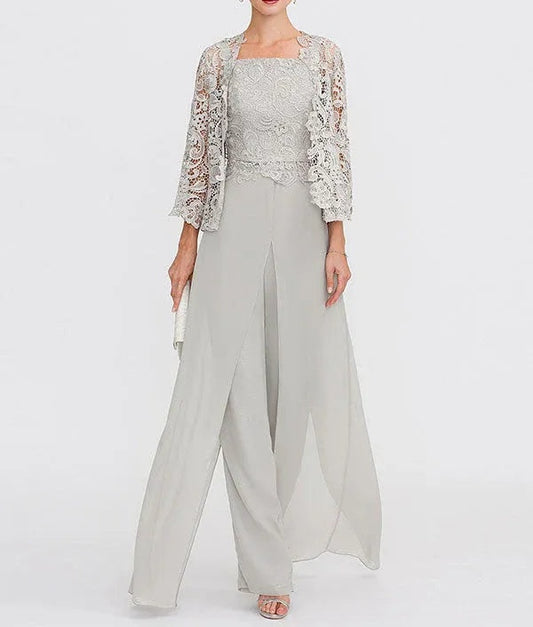 3 Piece Chiffon Square Neck Mother of the Bride Pantsuits with Jacket