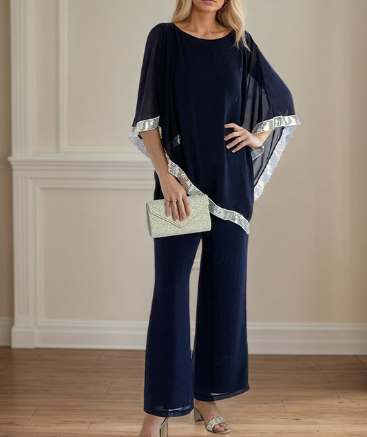 2 Piece Jumpsuit / Pantsuit Crew Neck Chiffon Mother of the Bride Dress