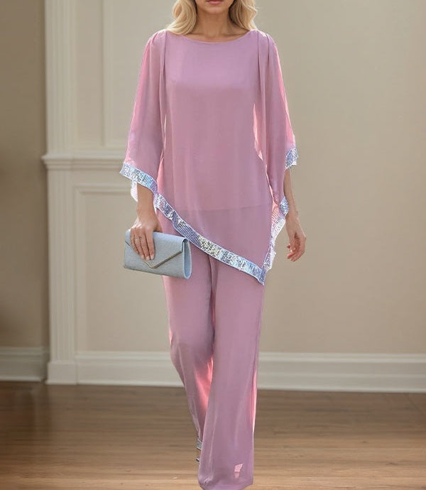 2 Piece Jumpsuit / Pantsuit Crew Neck Chiffon Mother of the Bride Dress