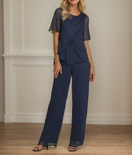 2 Piece Jumpsuit / Pantsuit Crew Neck Floor Length Chiffon Mother of the Bride Dress