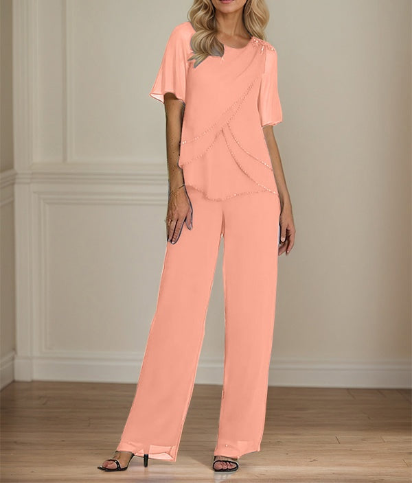 2 Piece Jumpsuit / Pantsuit Crew Neck Floor Length Chiffon Mother of the Bride Dress