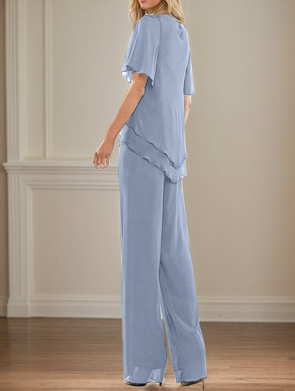 2 Piece Jumpsuit / Pantsuit Crew Neck Floor Length Chiffon Mother of the Bride Dress