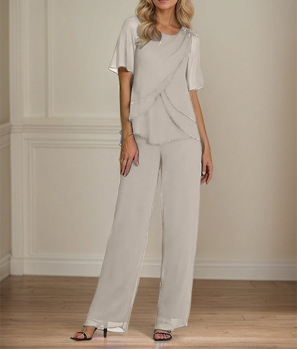 2 Piece Jumpsuit / Pantsuit Crew Neck Floor Length Chiffon Mother of the Bride Dress