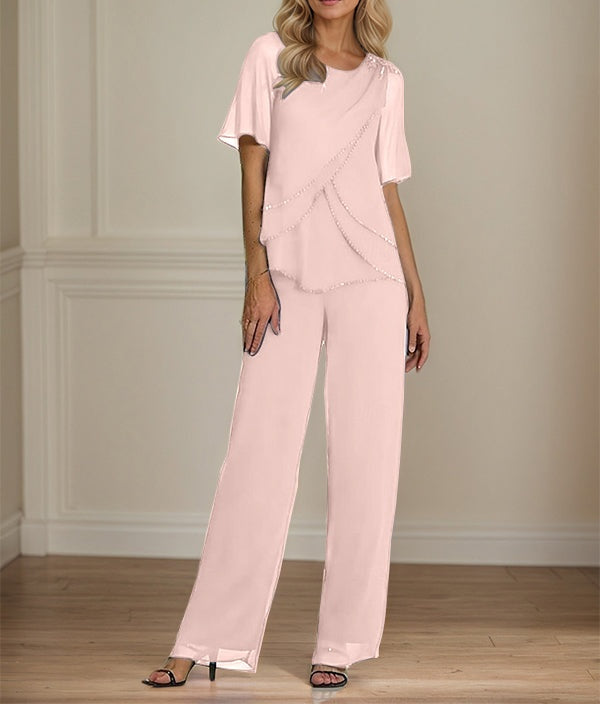 2 Piece Jumpsuit / Pantsuit Crew Neck Floor Length Chiffon Mother of the Bride Dress