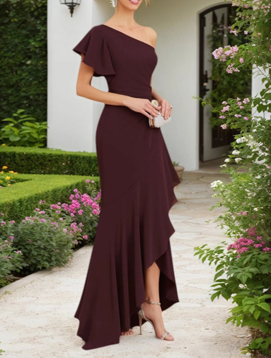 Mother Wedding Guest Dress Brown One Shoulder Ruffle Maxi Dress